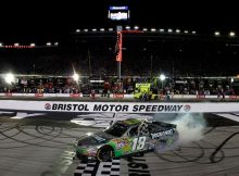 Kyle Busch does a burnout to celebrate his IRWIN Tools Night Race at Bristol Motor Speedway victory, the 19th NASCAR Sprint Cup Series win of his career. Credit: Jason Smith/Getty Images